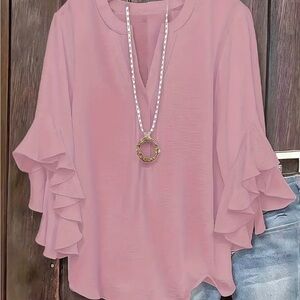 Elegant Pink Ruffle Sleeve Blouse